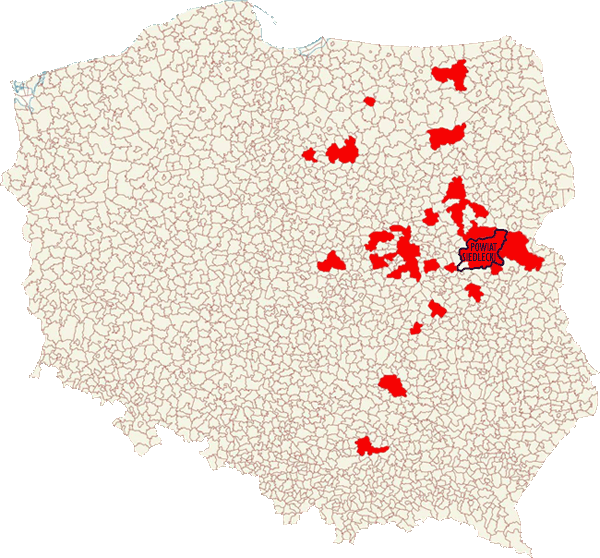 Miasta i gminy, na terenie których rozwieszane były skrzynki dla pustułek w latach 2003-2010 w ramach działalności TP "Bocian".