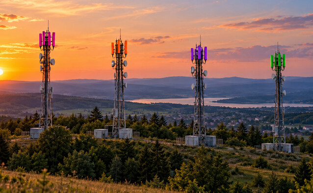 Cztery maszty telekomunikacyjne z antenami w kolorach T-Mobile, Orange, Play i Plus na tle krajobrazu o zachodzie słońca