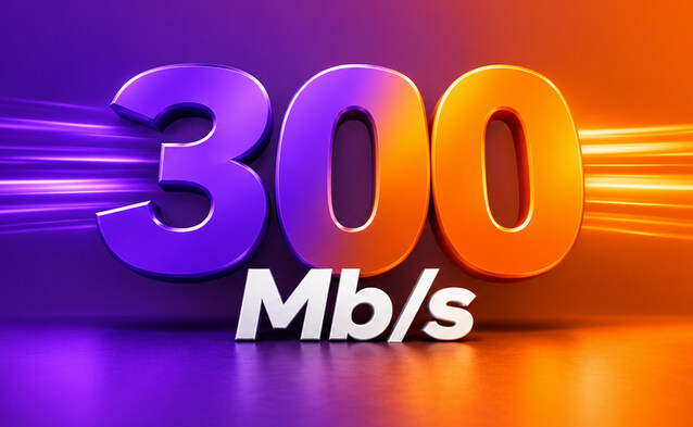 300 Mb/s na fioletowo-pomarańczowym tle w kolorach operatorów Play i Orange