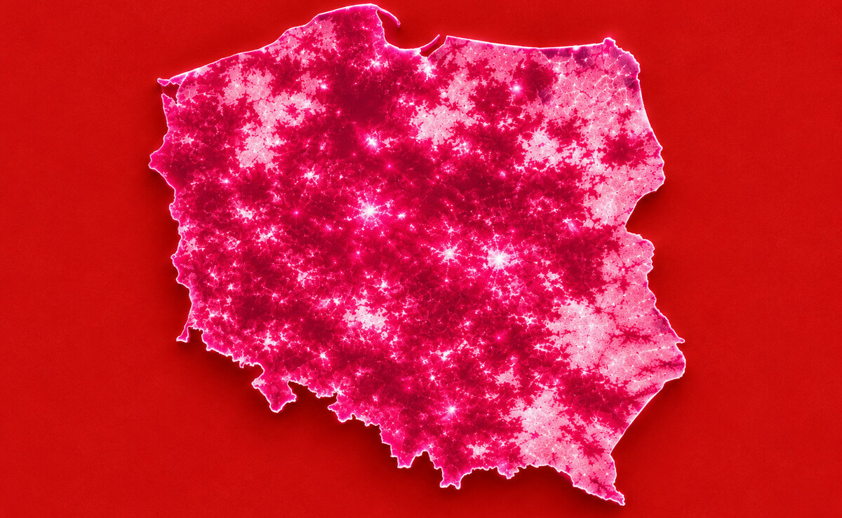 Mapa Polski przedstawiająca symboliczny zasięg sieci 5G T-Mobile w kolorze magenta na czerwonym tle