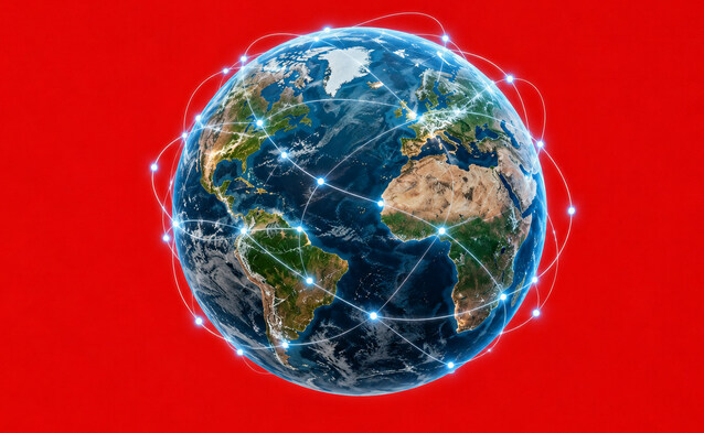 Globus Ziemi na czerwonym tle z niebieską siecią połączeń symbolizującą globalny internet