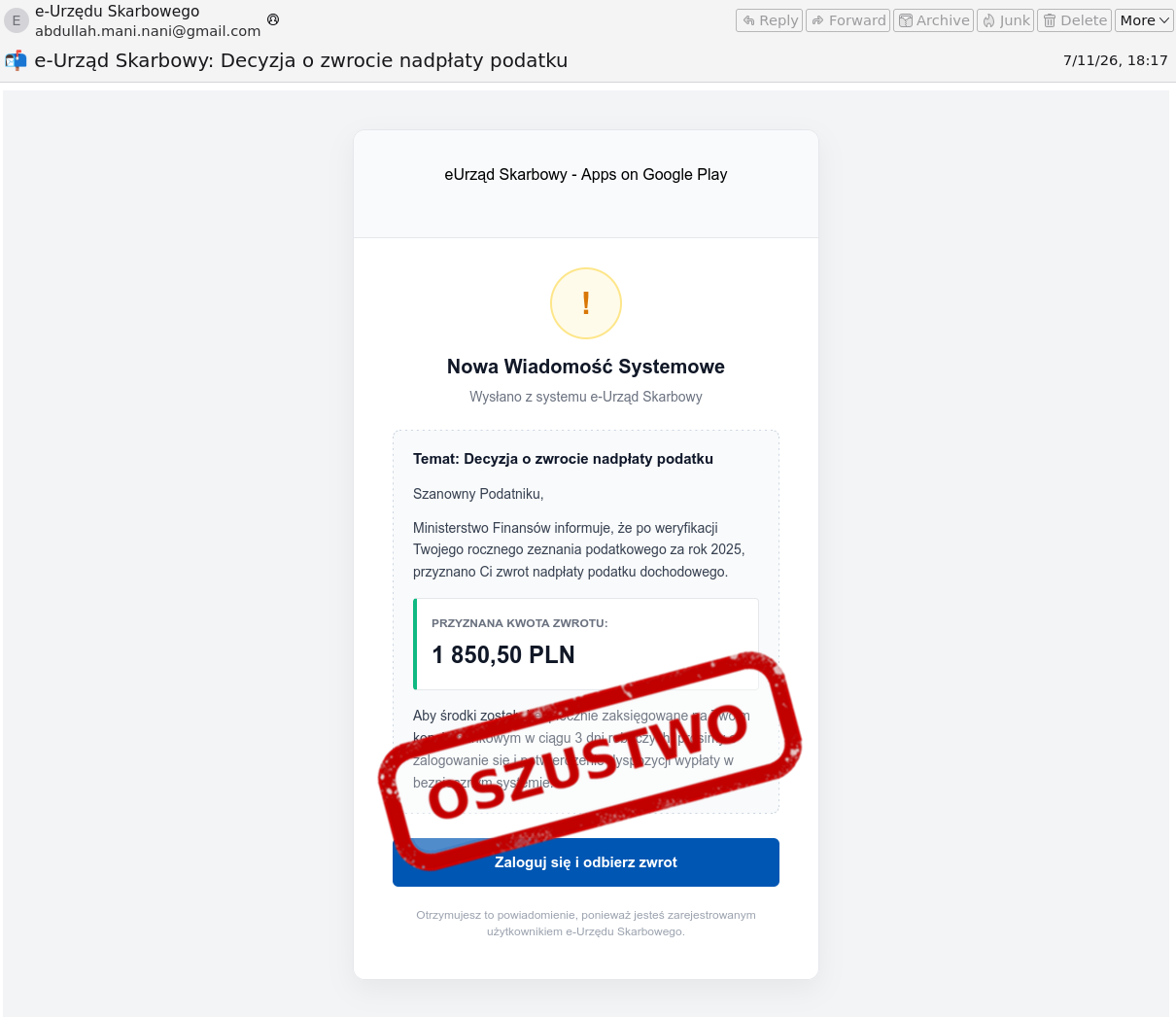 Dostałeś wiadomość o zwrocie podatku - lepiej uważaj