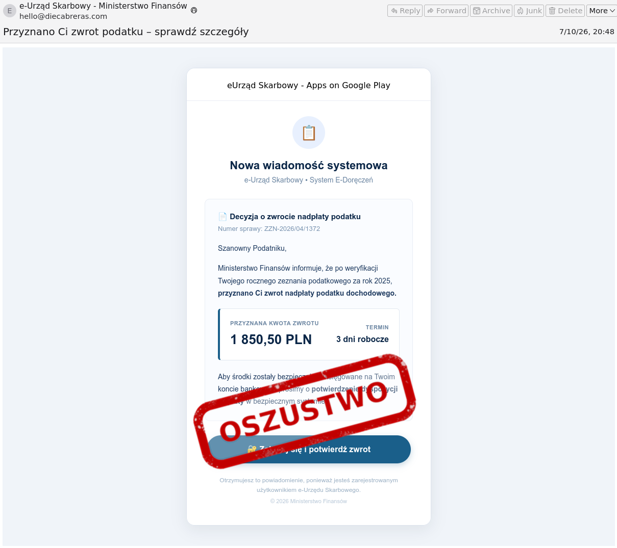 Dostałeś wiadomość o zwrocie podatku - lepiej uważaj