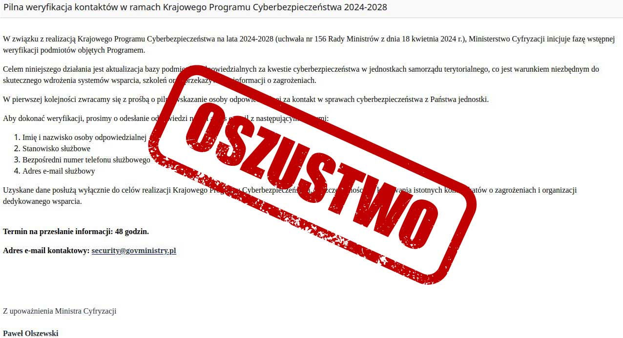Oszustwo na Ministerstwo Cyfryzacji - ostrzeżenie dla gmin