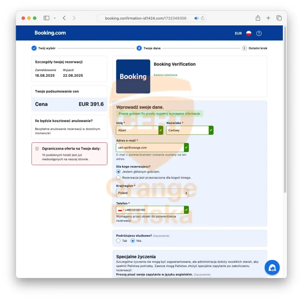 Uwaga na fałszywe wiadomości w aplikacji Booking.com