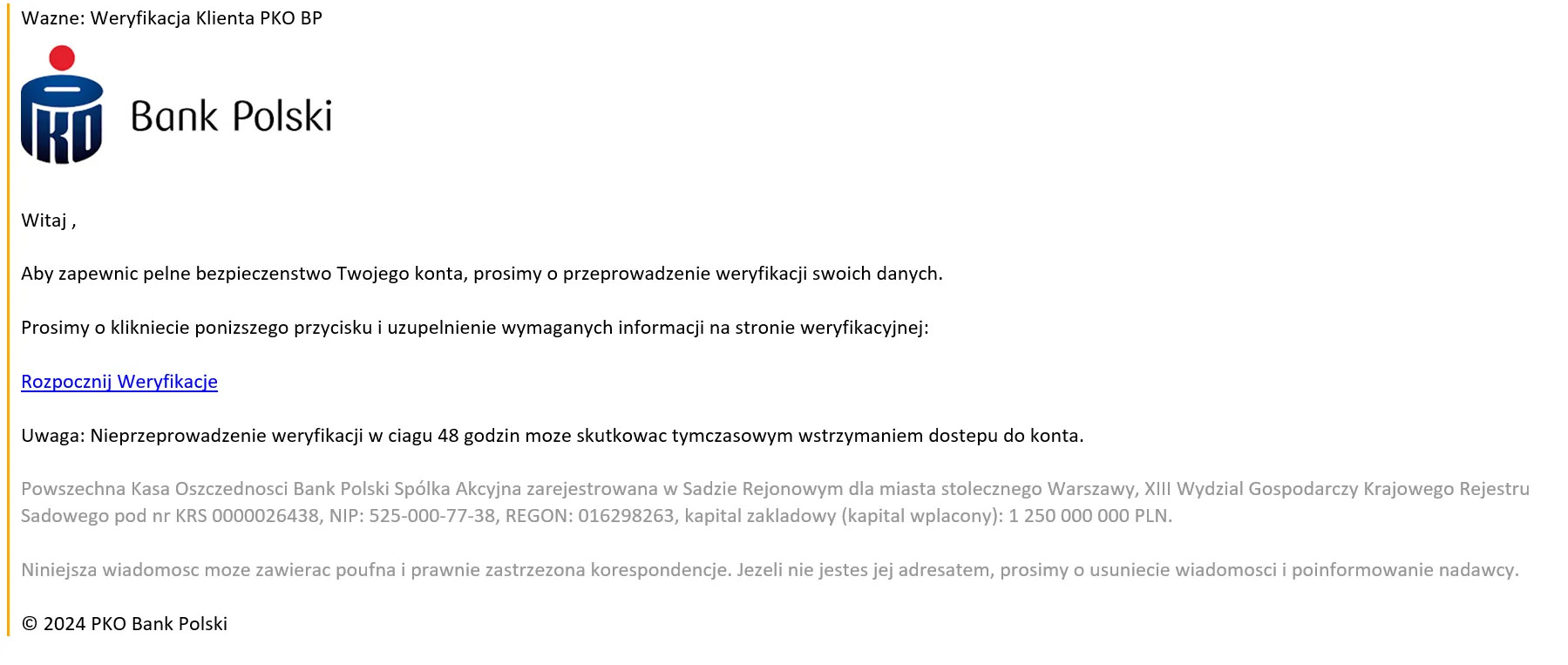 Przykład fałszywej wiadomości podszywającej się pod PKO Bank Polski