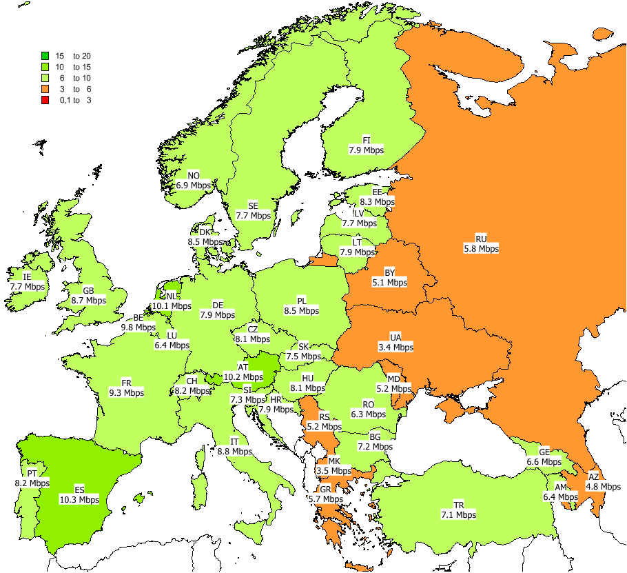Jakość i szybkość Internetu mobilnego w Europie (2019)