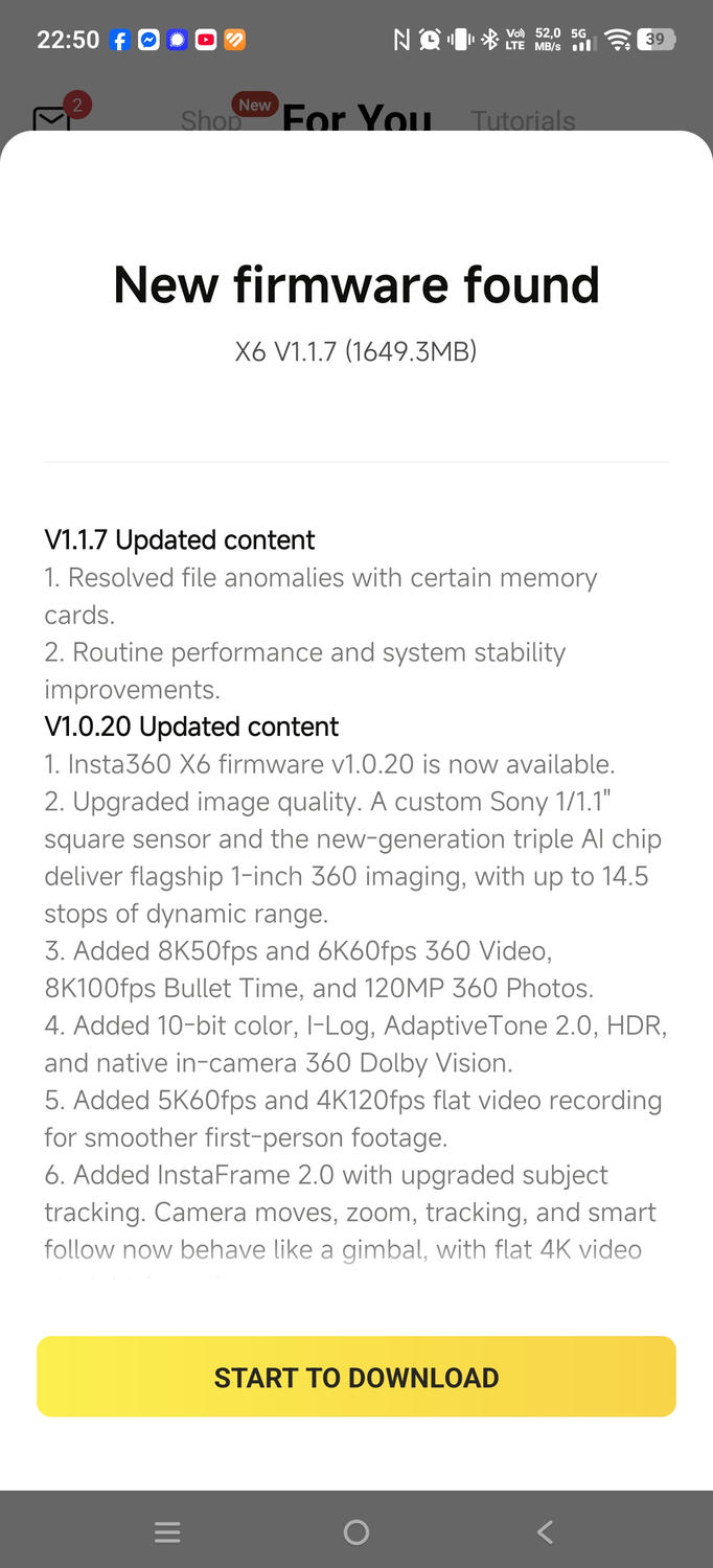 Insta360 X6 - zrzuty ekranu aplikacji