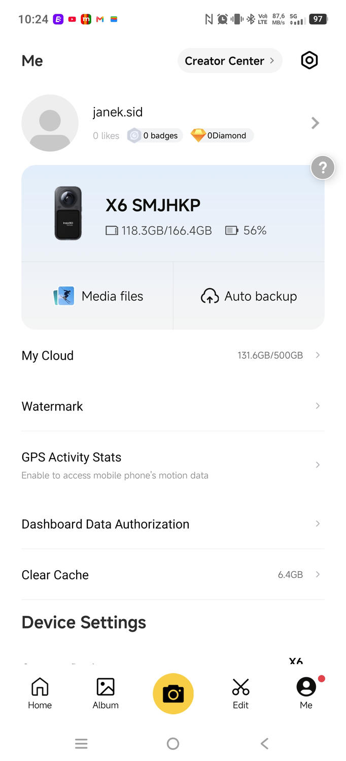 Insta360 X6 - zrzuty ekranu aplikacji