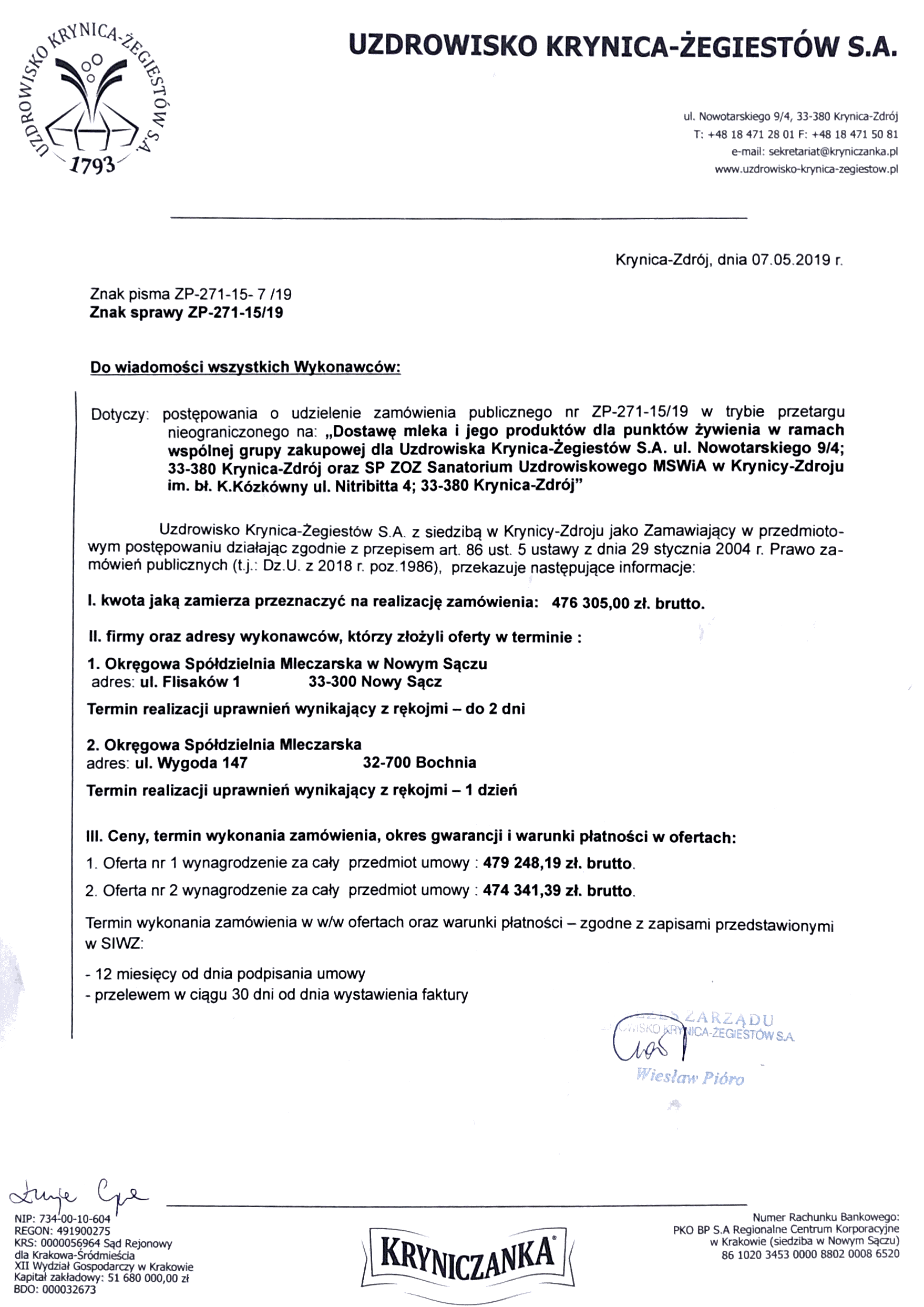 Informacja art.86 ust.5 ustawy pzp przetarg nieograniczony dostawa