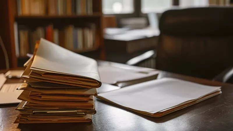 Dokumenty leżące na biurku, po prawej stronie otwarte, po lewej stos dokumentów.