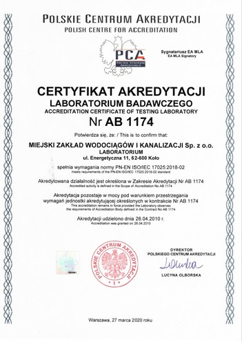 Certyfikat Akredytacji Laboratorium Badawczego