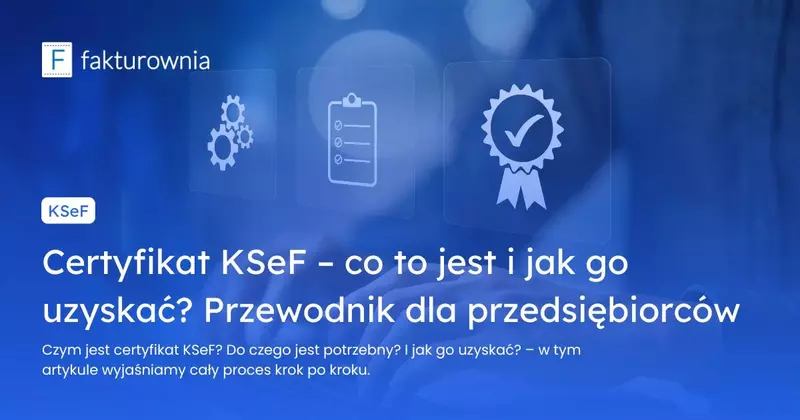 Na niebieskim tle widać dłonie przed laptopem i wektorowe grafiki symbolizujące certyfikat