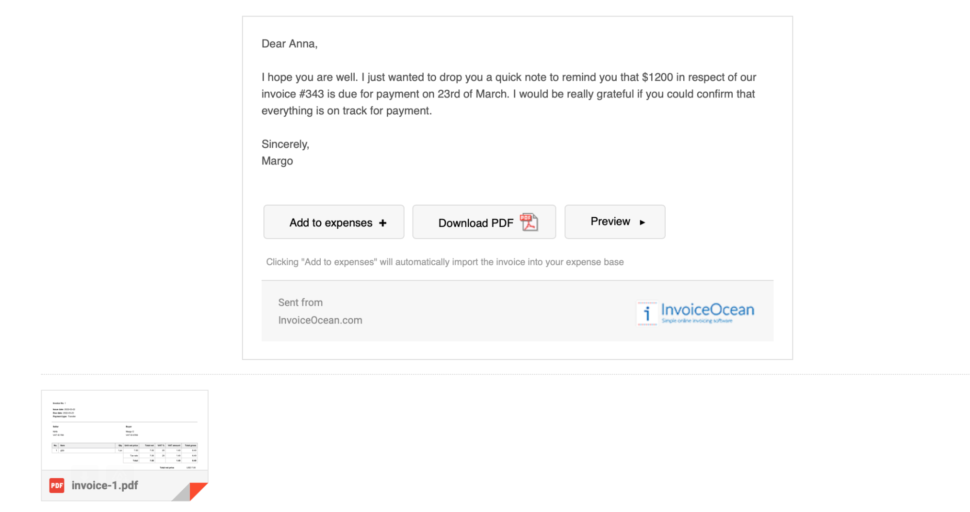 an example of an automated email reminder in InvoiceOcean