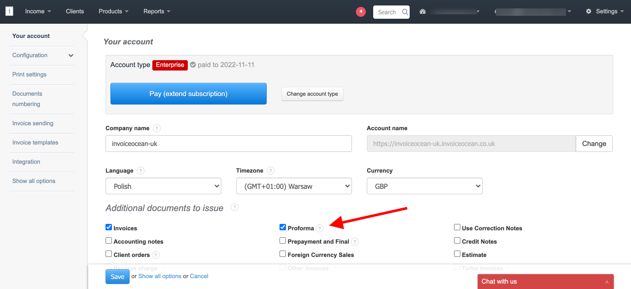 enabling pro forma invoice in account settings in InvoiceOcean