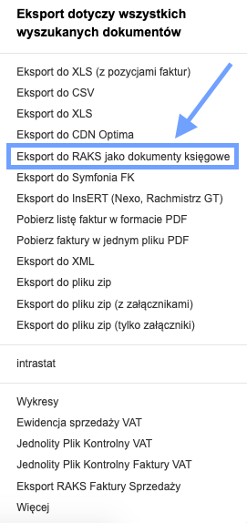eksport do RAKS jako dokument księgowy