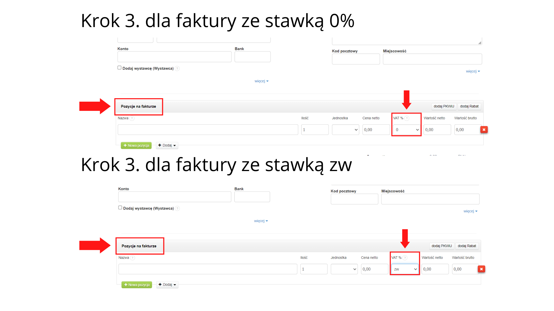 Jak w fakturownia.pl wystawić fakturę ze stawką ZW lub 0% krok 3