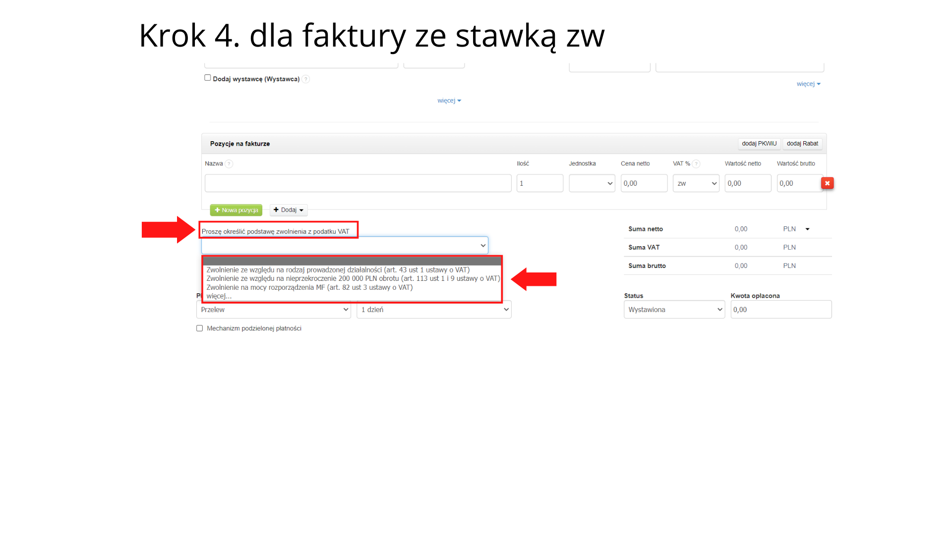 Jak w fakturownia.pl wystawić fakturę ze stawką ZW lub 0% krok 4