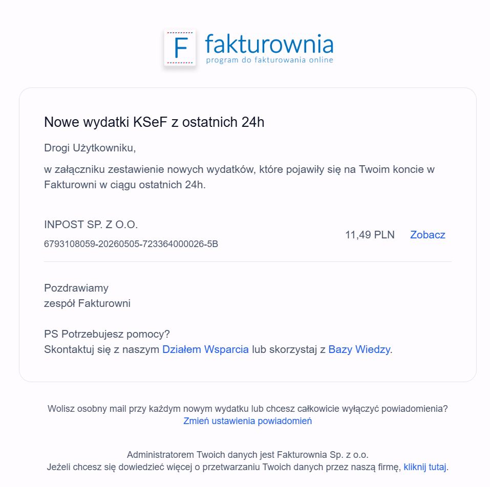 Powiadomienie e-mail: nowe wydatki z KSeF z ostatnich 24h