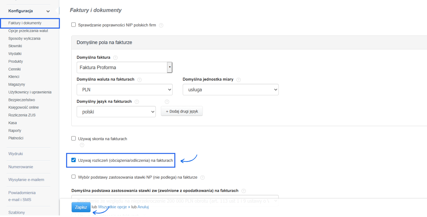 Zaznaczony checkbox Używaj rozliczeń (obciążenia/odliczenia) na fakturach
