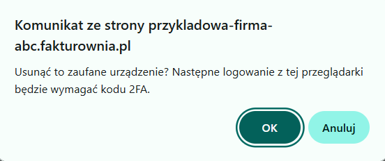 Komunikat systemowy niezbędny do potwierdzenia usunięcia zaufanego urządzenia dla użytkownika.