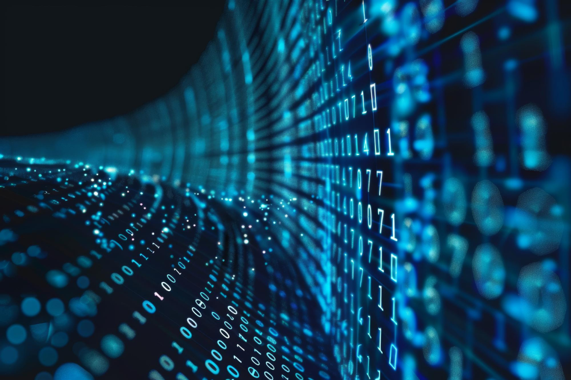 Ekran z ciągiem kodu cyfrowego na czarnym tle