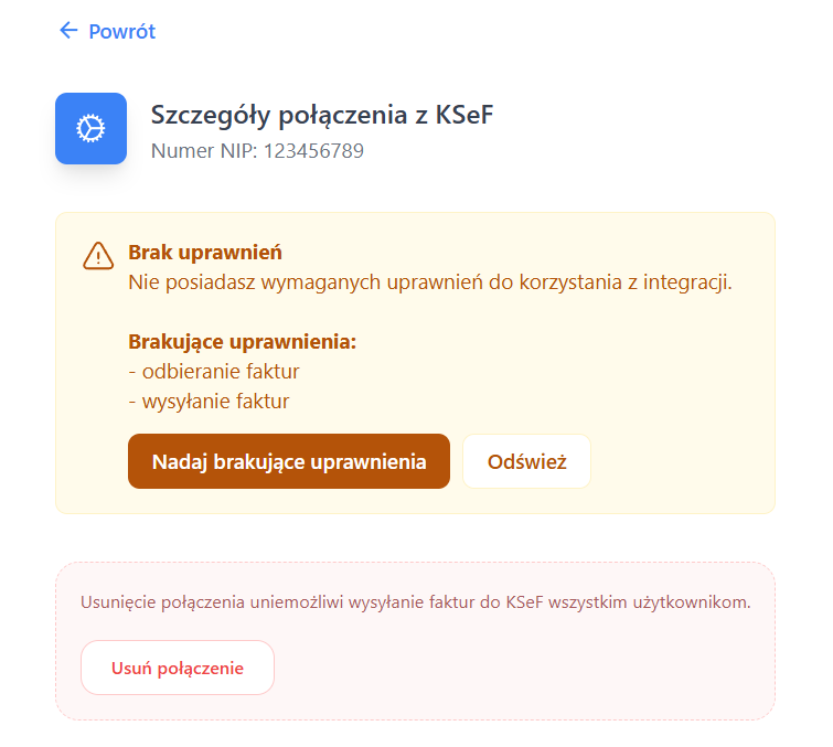 Szczegóły połączenia z KSeF – komunikat o braku uprawnień umożliwiający nadanie uprawnień