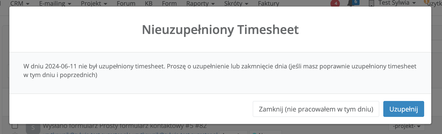 Przypomnienie o wypełnieniu timesheetu