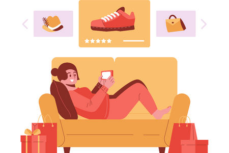 Kobieta na kanapie z telefonem, nad nią obrazki kapelusz, buty i torebka