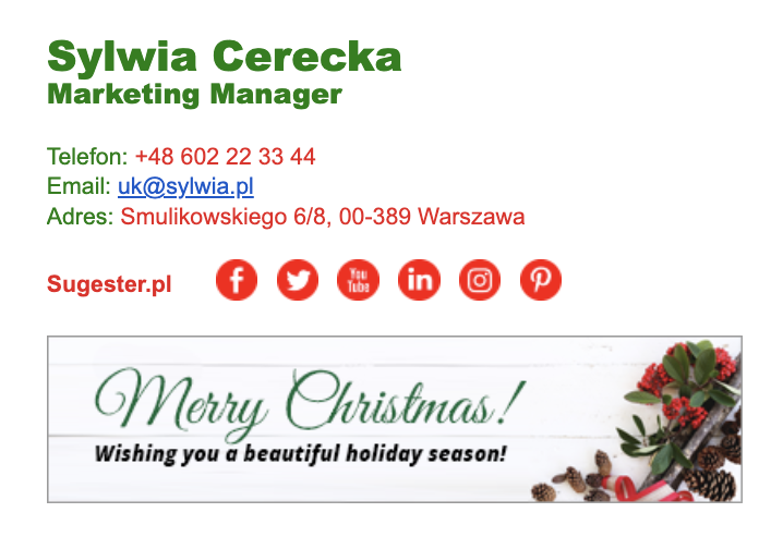 stopka email świąteczna z czerwoną i zieloną czcionką i świątecznym banerem