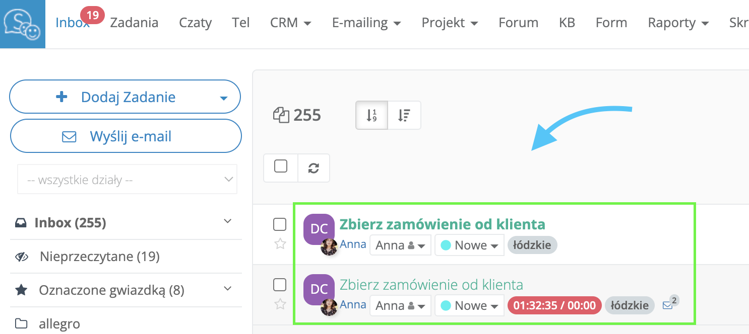 Zadania w inbox