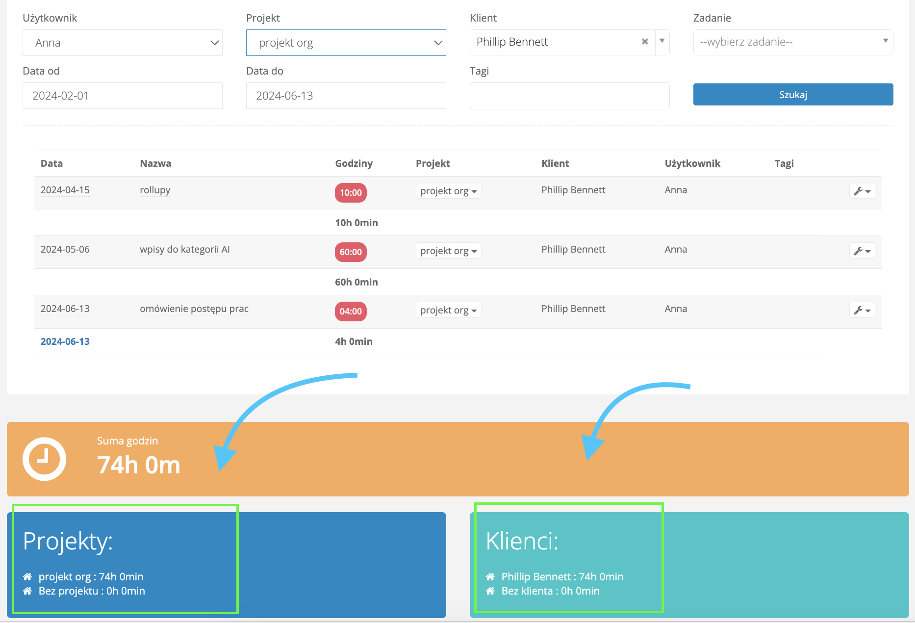 Zliczanie godzin dla projektu i klienta
