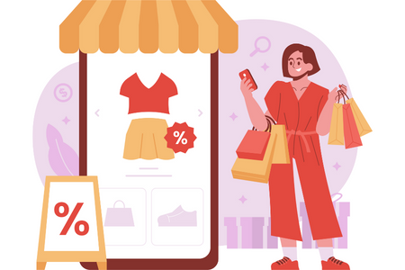 Kobieta z torbami z zakupami w ręce i telefonem robiąca zakupy przez telefon