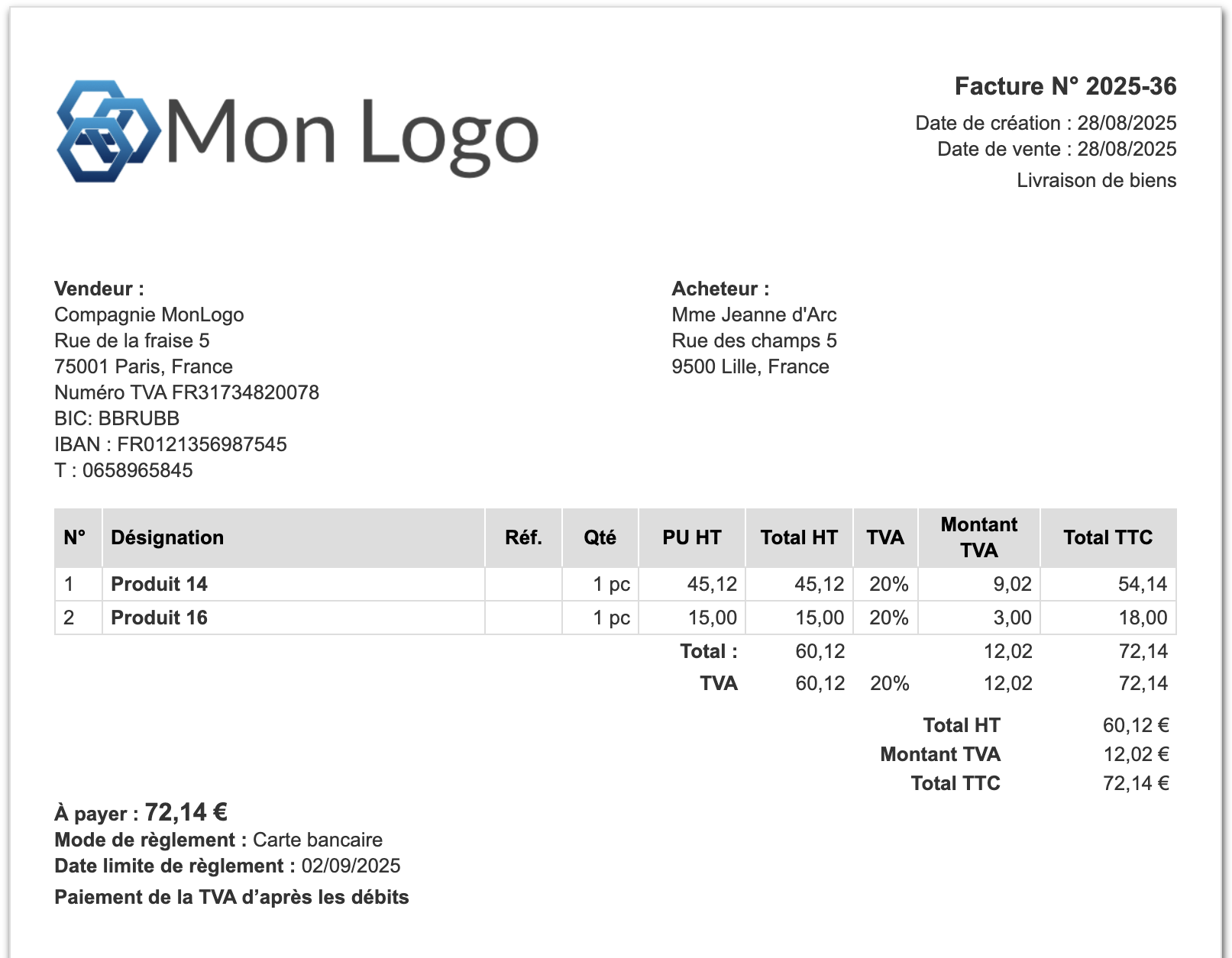 Facture avec mention TVA sur débits