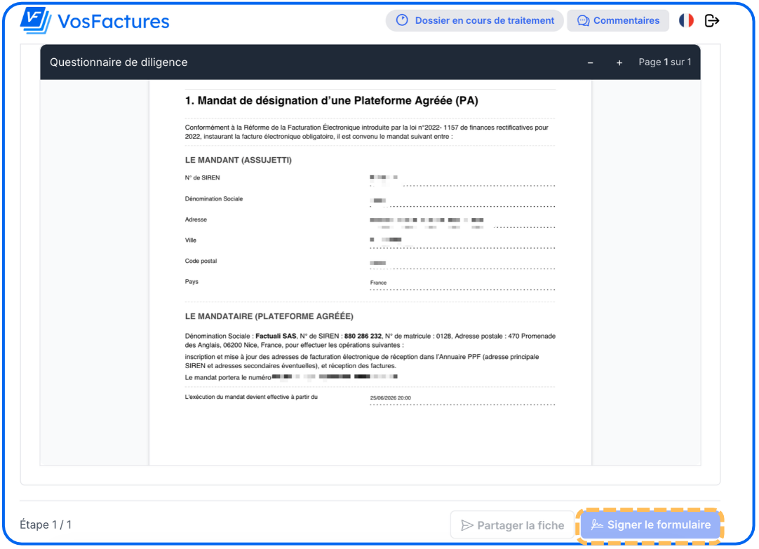 Signature du mandat, désignation de Plateforme Agréée pour la facturation électronique