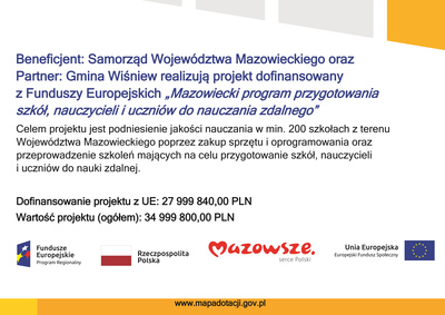 Tablica z napisem: Beneficjent: Samorząd Województwa Mazowieckiego oraz Partner: Gmina Wiśniew realizują projekt dofinansowany z Funduszy Europejskich