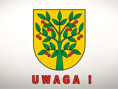 Herb gminy wiśniew składający się z drzewa wiśniowego na żółtym tle z napisem UWAGA