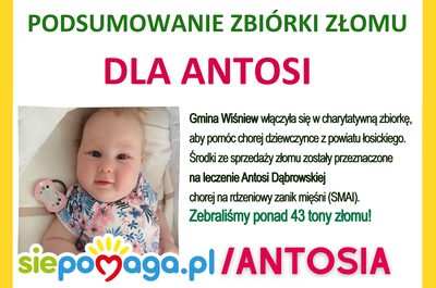 Zdjęcie małej dziewczynki z napisem Podsumowanie zbiórki złomu dla małej Antosi Dąbrowskiej
