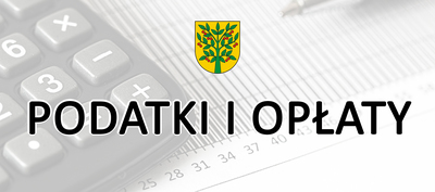 Grafika z napisem "podatki i opłaty" i herbem gminy wiśniew