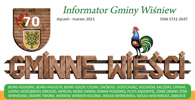 Fragment okładki informatora Gminne Wieści zawierający tytuł, herb gminy i wymienione wszystkie miejscowości Gminy Wiśniew
