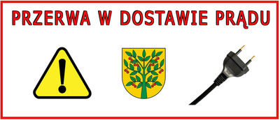 Herb gminy Wiśniew, wtyczka do kontaktu i trójkątny żółty znak z wykrzyknikiem oraz napis "przerwa w dostawie prądu"
